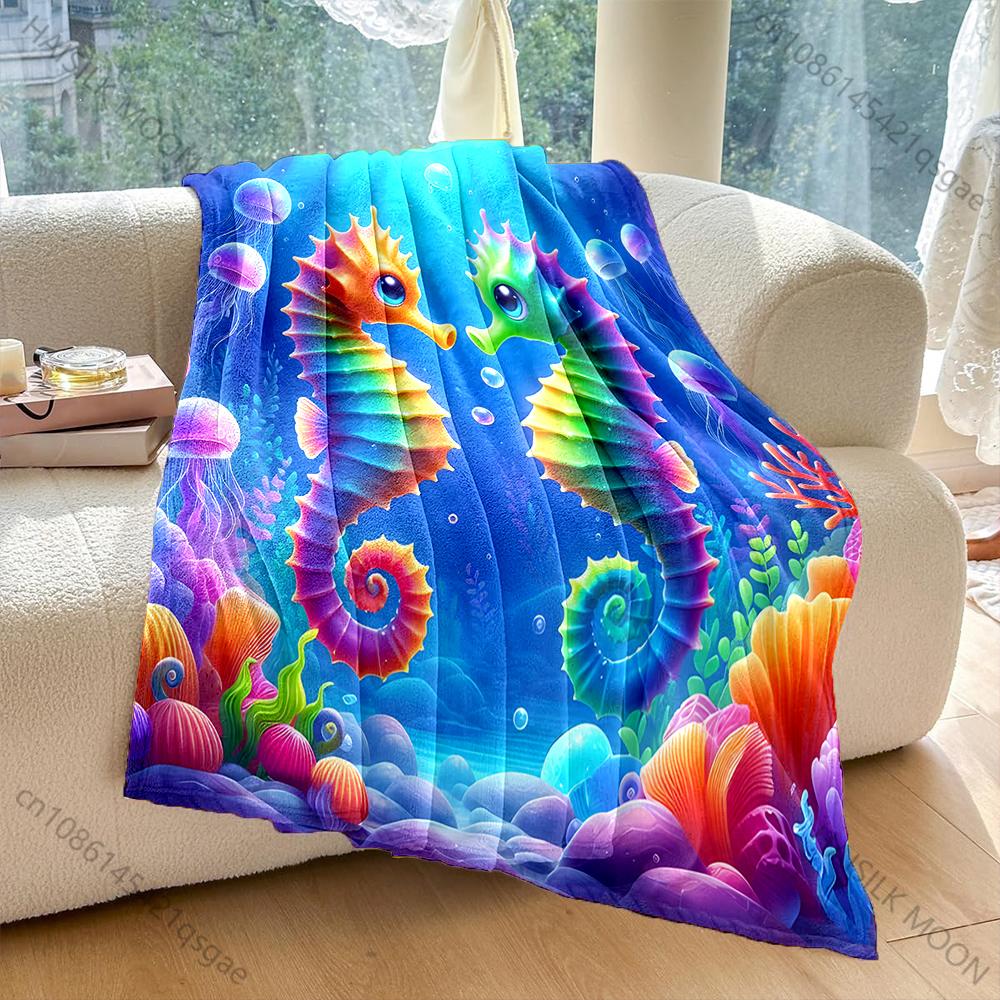 Multi size Colorful Seahorses and Jellyfish Pattern Blanket Flannel Material Soft Warm for All Seasons Home Camping Picnics RV