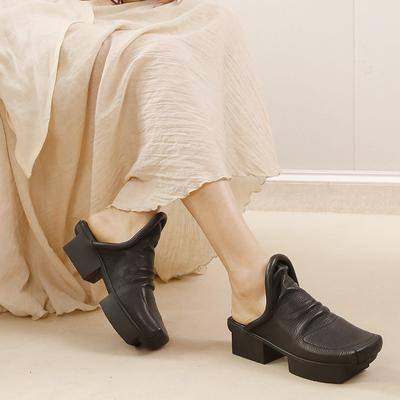 Модные GKTINOO 2025 Весна/Лето Новая Женская Обувь Натуральная Кожа Средний Каблук Высокий Класс Квадратный Носок Модные Шлепанцы