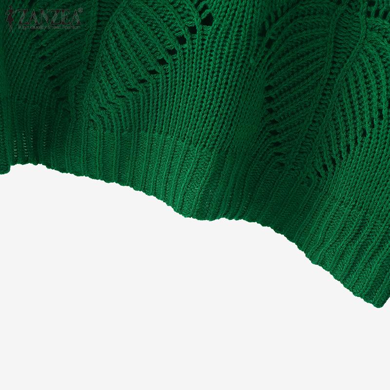 ZANZEA Осенние женские пуловеры с V-образным вырезом, длинными рукавами и ажурной вязкой