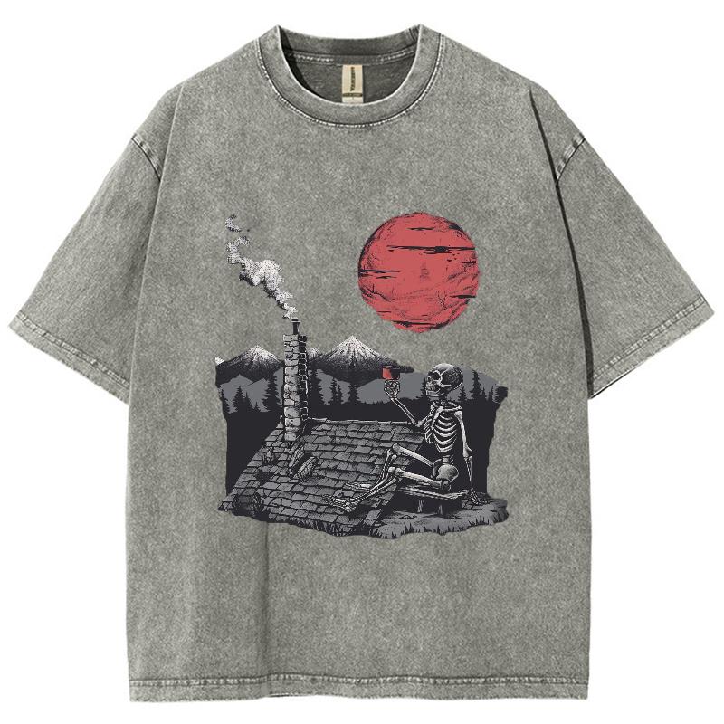 Женская хлопковая футболка с принтом «Японский череп и закат» из города, свободного покроя, со средним рукавом, повседневная, простая, модная
