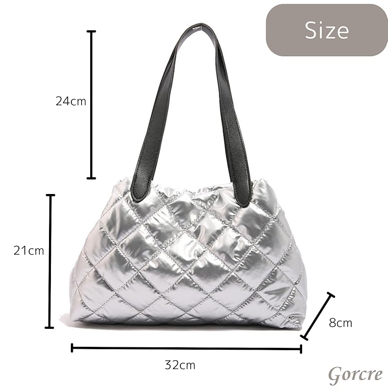 [Gorcre] quilting mini tote bag ladies luster quilt tote bag Shoulder bag lightweight commute Commuting to school casual (Silver)
