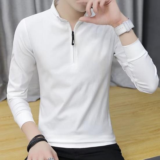 Весна Осень Мужская Рубашка Длинные Рукава Половина Молнии Slim Fit Стоячий Воротник Однотонный Пуловер Средней Длины Повседневная Одежда Деловой Офис Топ