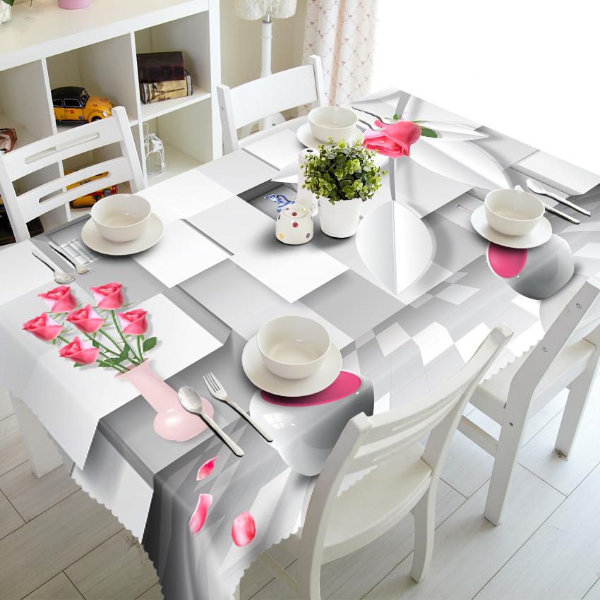 Stripe White Flower Tablecloth Fashion Plaid Rose Waterproof Thicken Rectangular And Round Table Cloth For Wedding