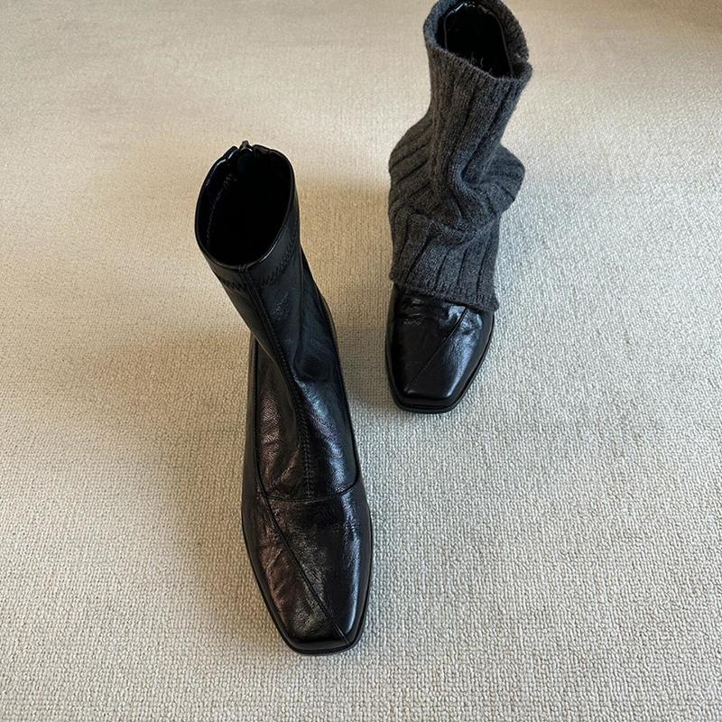 Cowhide Version~ Retro Elastic Thin Boots Women's Head Back Zipper Thin Temperament Commuter Short Boots Thick Heel Small Bare Boots