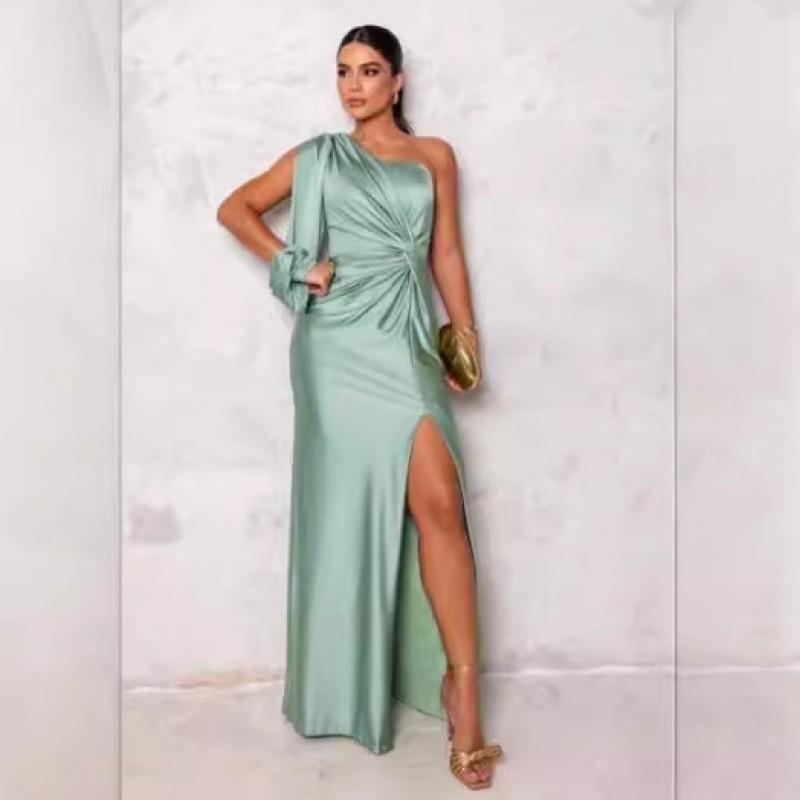 2026 Womens Slash Neck Raglan Sleeve Pleated Fitted Slit Sexy Long Dress