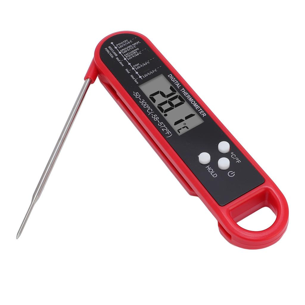 Red Folding Food Thermometer Long Probe Digital Meat Thermometer for Grilling and Baking