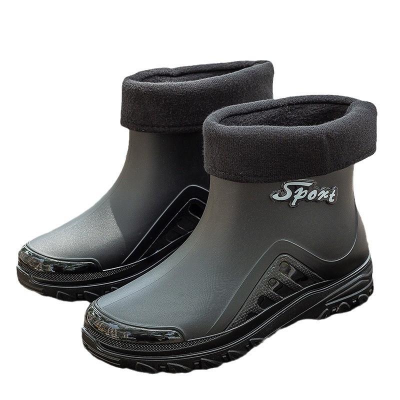 Модные дождевые ботинки мужские короткие водонепроницаемые ботинки флисовые теплые кухонные рыболовные нескользящие резиновые ботинки мода