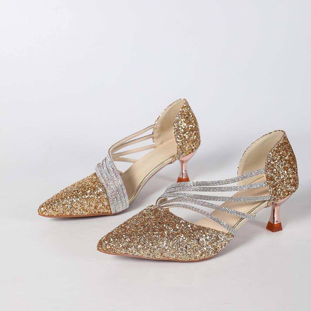 Fashion Women High Heels Pumps Sparkling Rhinestones Large Size Single Shoes for Women Hollow Out Fine Heel Sexy Pointed Toe Sandals