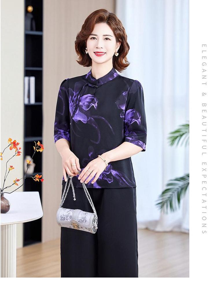 Новый шифоновый костюм мамы 2025: Комплект из двух вещей в китайском стиле, омолаживающий, для женщин среднего и пожилого возраста