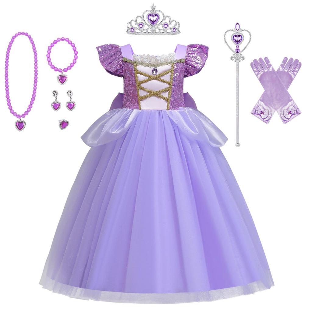 ChicFlow 8-Piece Princess Gown Set for Girls, Role-Play Costumes, Frozen Dress, Sofia, Rapunzel Dress, Halloween Performance Dress, Long Dress
