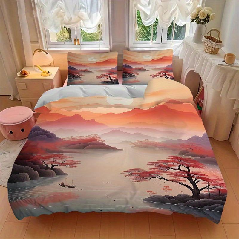 3pcs Chinese style Landscape 1Cover + 2Pillowcases, PillowInserts NotIncluded, Machine Washable, All - Season Use, Suitable for Bedroom Guest Room43