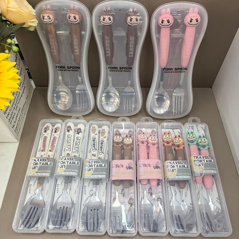 Мультяшный набор детской посуды из нержавеющей стали большого размера Labubu, набор из двух предметов, детская посуда, портативная вилка, ложка, детские товары