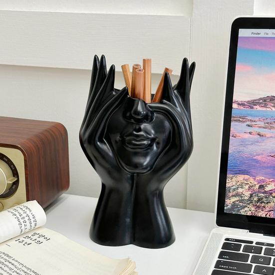 Abstract Face Design Pen Holder Creative Sculpture Large Capacity Desktop Organizer for Pens Erasers Crayons Markers Makeup Brush