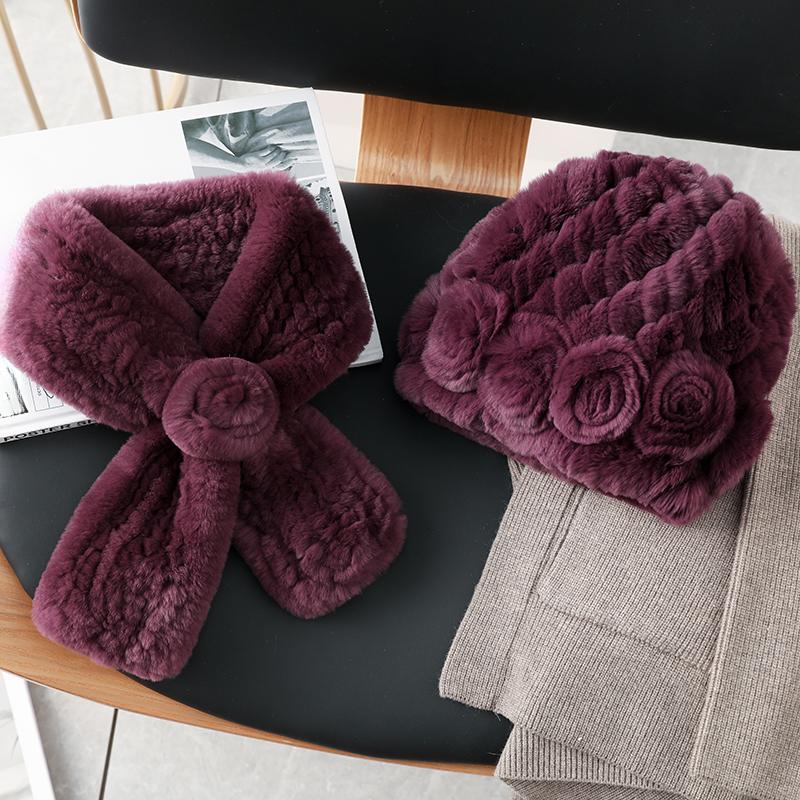 Winter Warm Scarf Hat Two-piece Set, Middle-aged and Elderly Temperament Rex Rabbit Fur Hat, Mother Flower Scarf