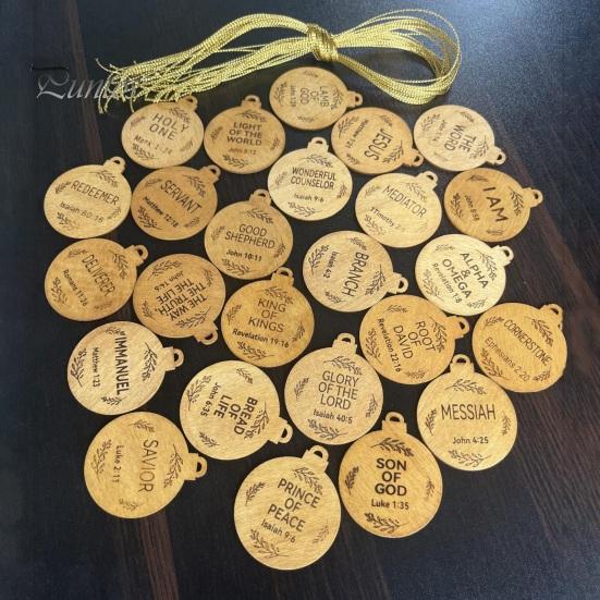 25Pcs Names of Jesus Ornaments Wooden Christmas Tree Decoration Name of Jesus Advent Hanging Sign for Tree Window Door Car Church Decor