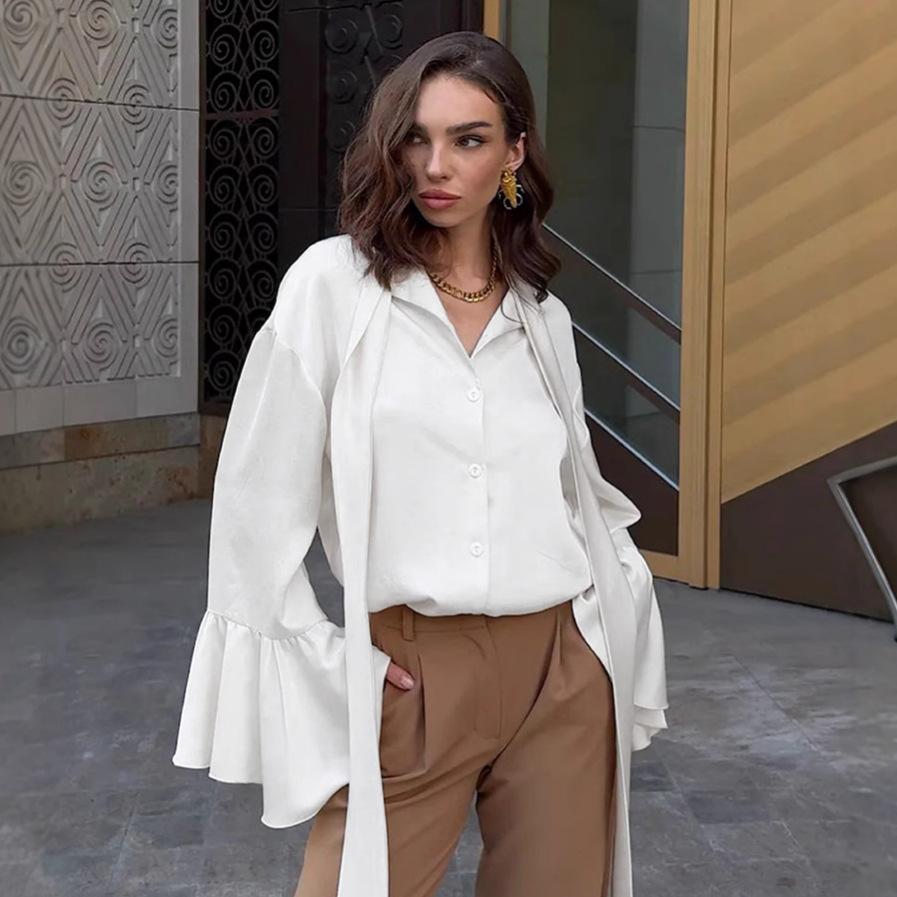 European and American ruffle edge satin top women's 1116 spring court style beige streamer shirt medium and long women's clothing