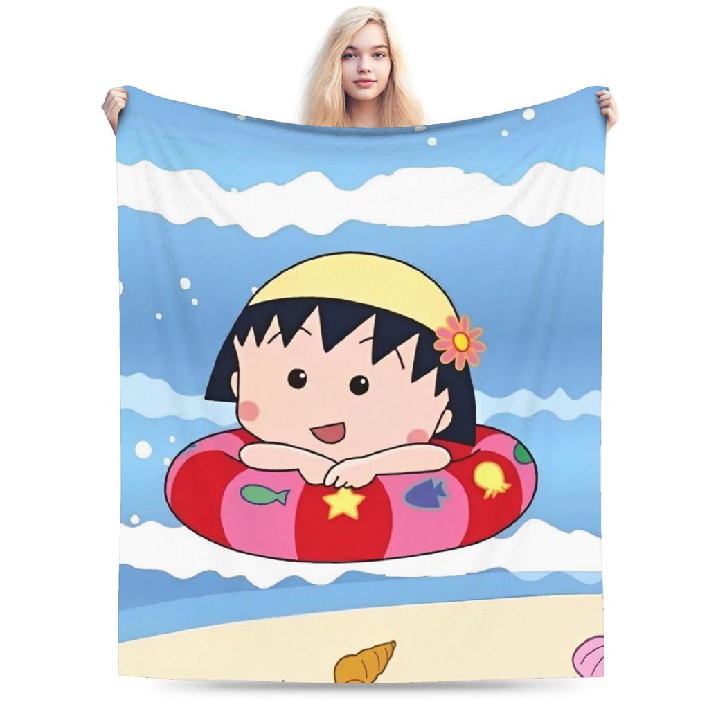 Anime Chibi Maruko Chan Blankets Flannel Print Breathable Lightweight Throw Blankets for Bed Office Bedding Throws