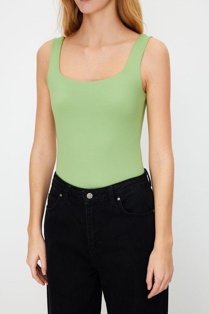 Women's Fashion New Body Green Square Collar Fitted Soft Touch Stretchy Knitted Body with Soft Snaps