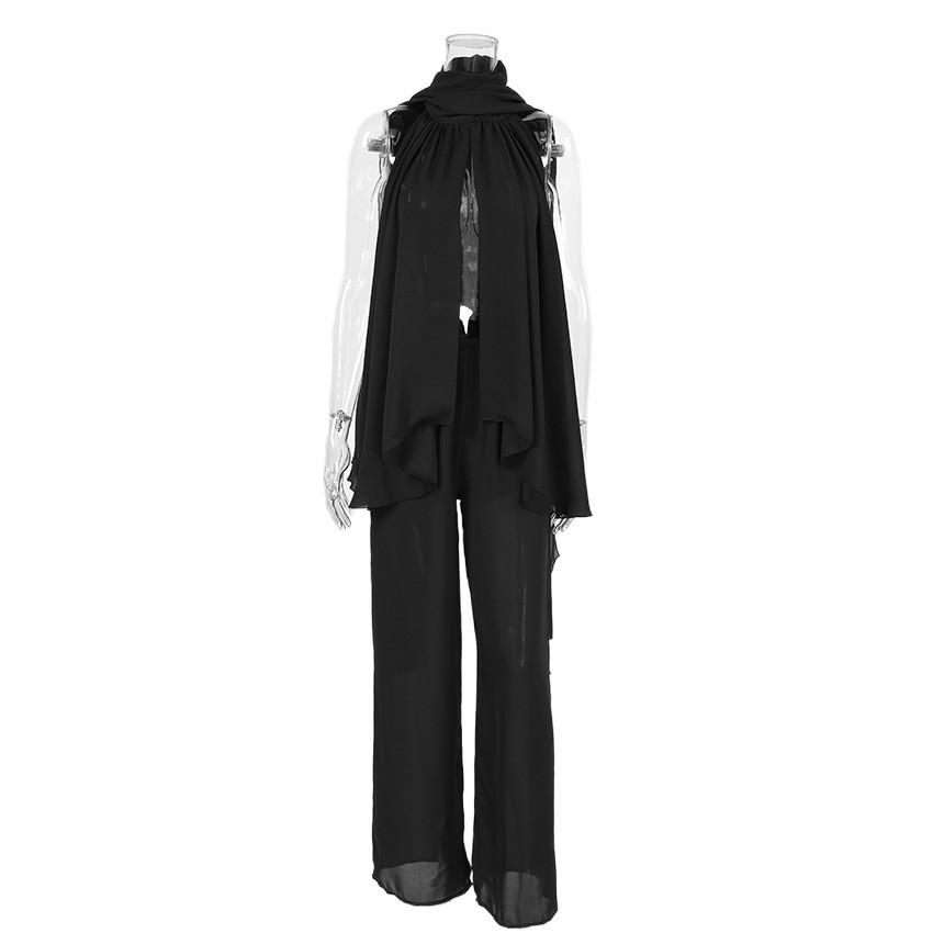 Summer black women's clothing two-piece set European and American style sleeveless neck small vest drape wide-leg pants fashion casual suit