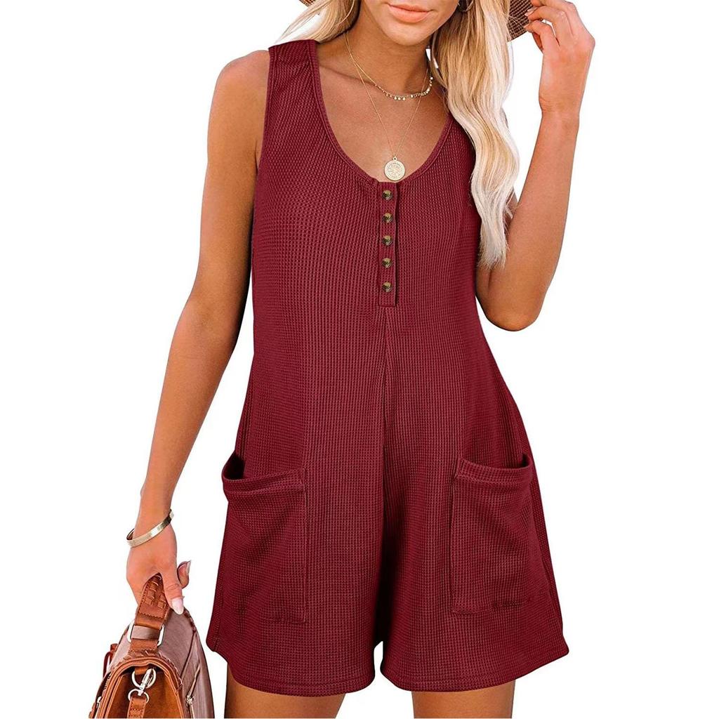 Womens Casual Scoop Neck With Pockets Sleeveless Button Down Tank Top Jumpsuit Shorts Rompers