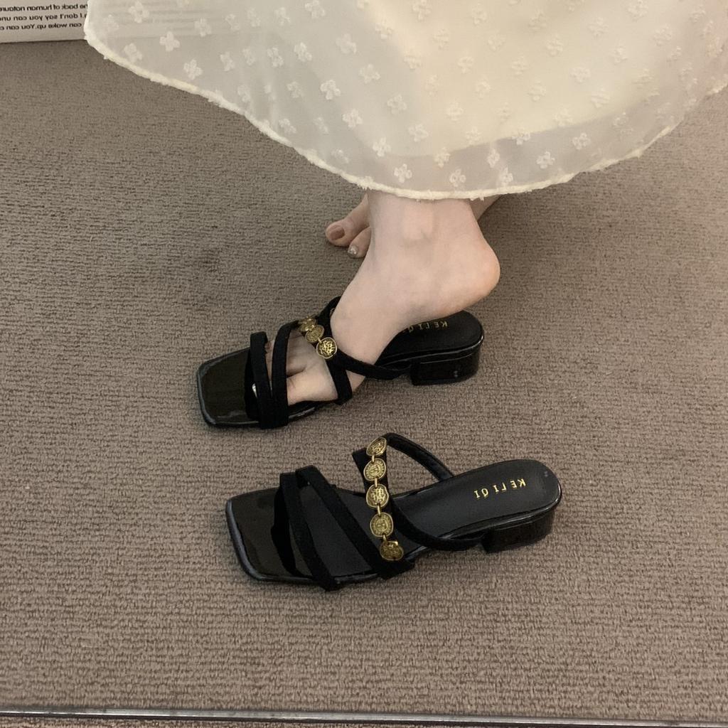 Нишевые шлепанцы на толстом каблуке, французские повседневные, для улицы, женская обувь, лето 2025, темпераментные сандалии для вечерней прохлады под юбку