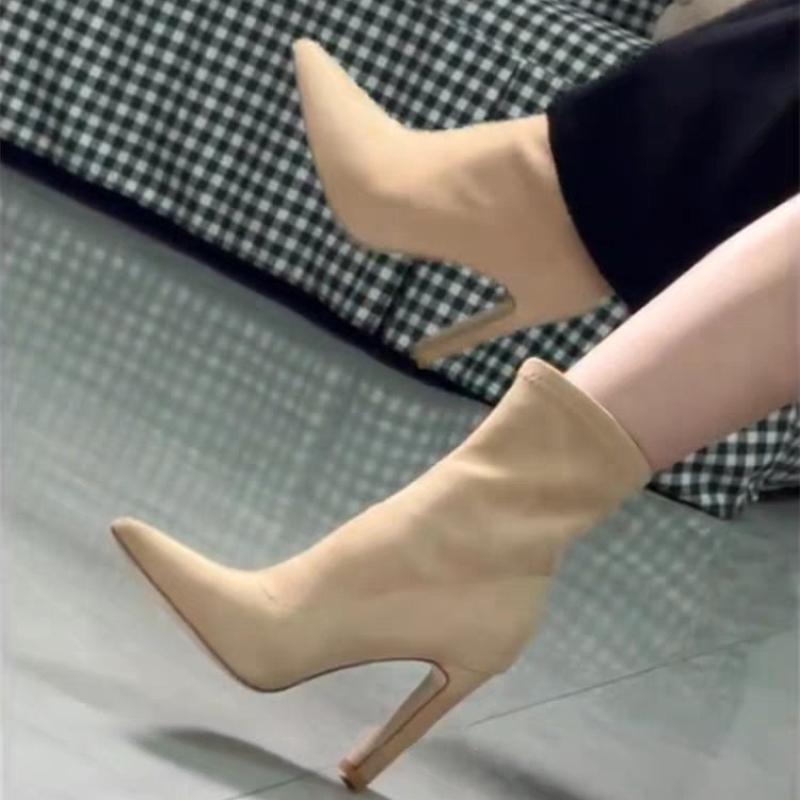 2025 New Design Women Chunky Heel Suede Boots Pointed Toe Slim Ankle Boots Nude Color Autumn Winter Shoes