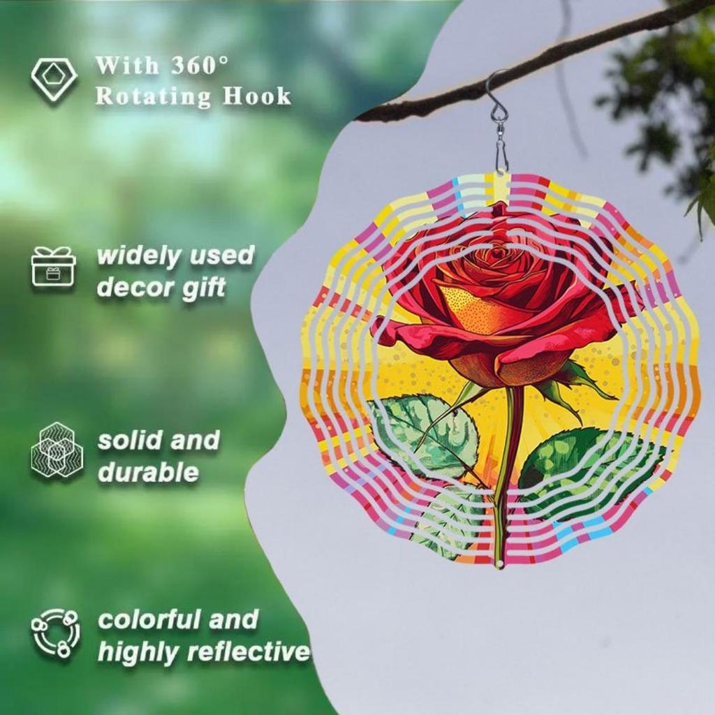 1pc Modern Art Red Rose Pattern Decorative Spiral Hanging Garden Wind Chime, Power Art Craft Windmill, Bi-Directional Rotatable | Outdoor
