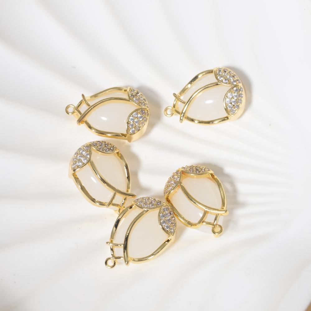 Copper Tulip Flower Charms with Green & Clear Zirconia, Golden Plated, 2pcs for DIY Jewelry Making