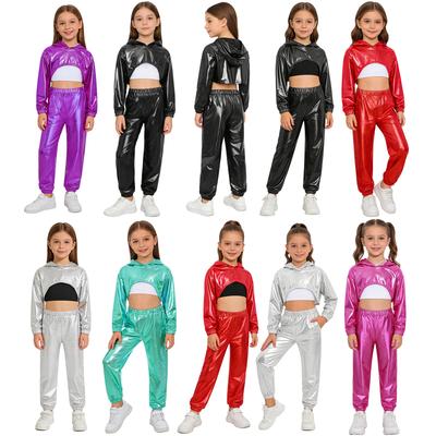 Костюм для девочек Хип-хоп Джаз Танцы 3-Piece Set Металлический Укороченный Худи Без Рукавов Жилет с Вырезом на Спине Брюки
