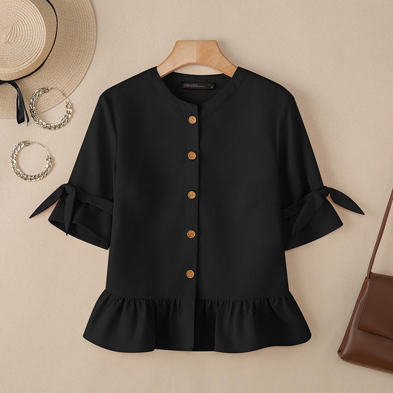 ZANZEA Женская повседневная однотонная блузка с круглым вырезом и рукавом 3/4