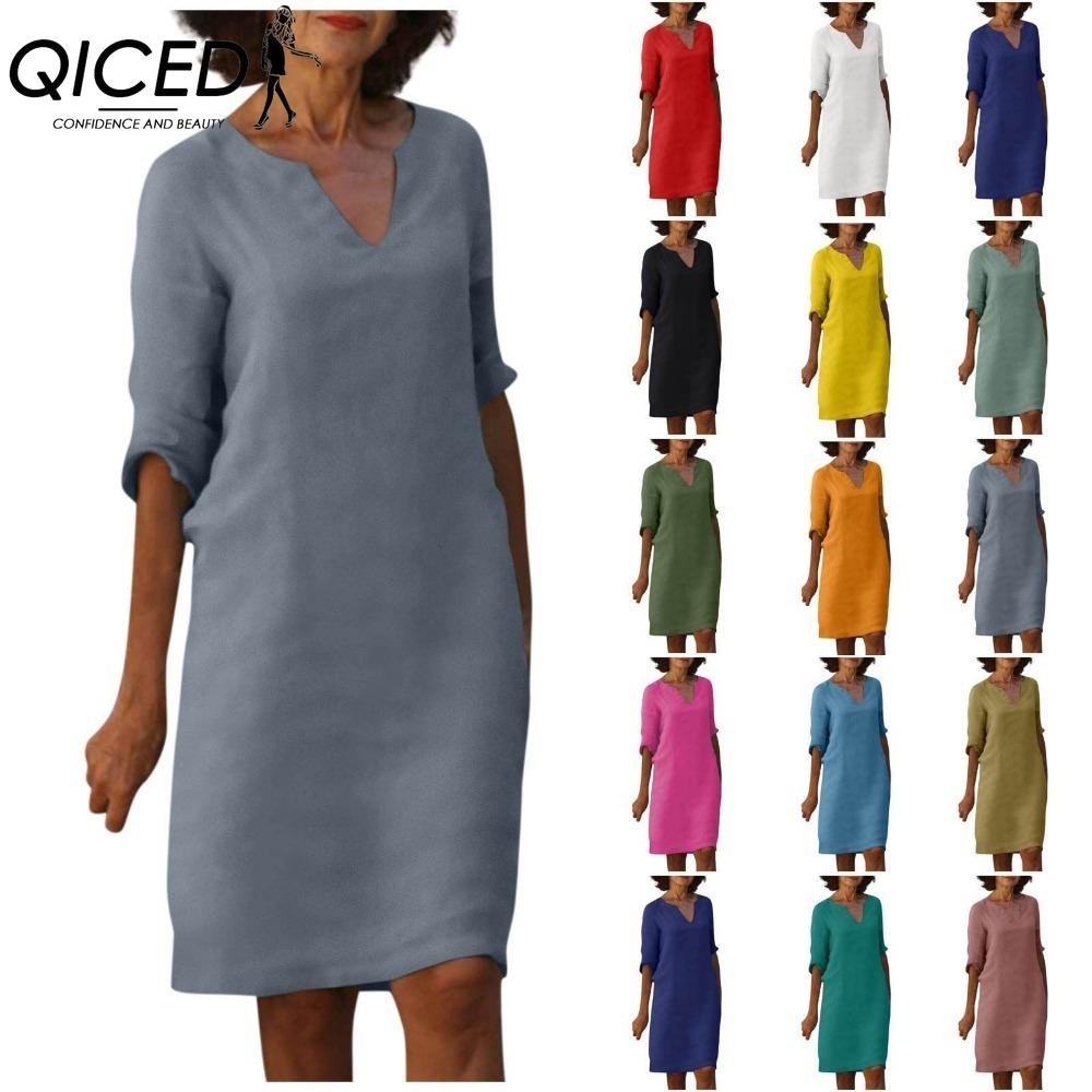 QICED Женское летнее однотонное хлопковое льняное ретро-платье с V-образным вырезом и коротким рукавом, легкое дышащее платье