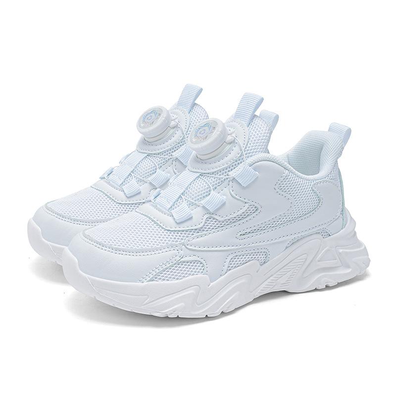Girls shoes mesh breathable children's sports shoes leather waterproof school white shoes rotating button boys running shoes