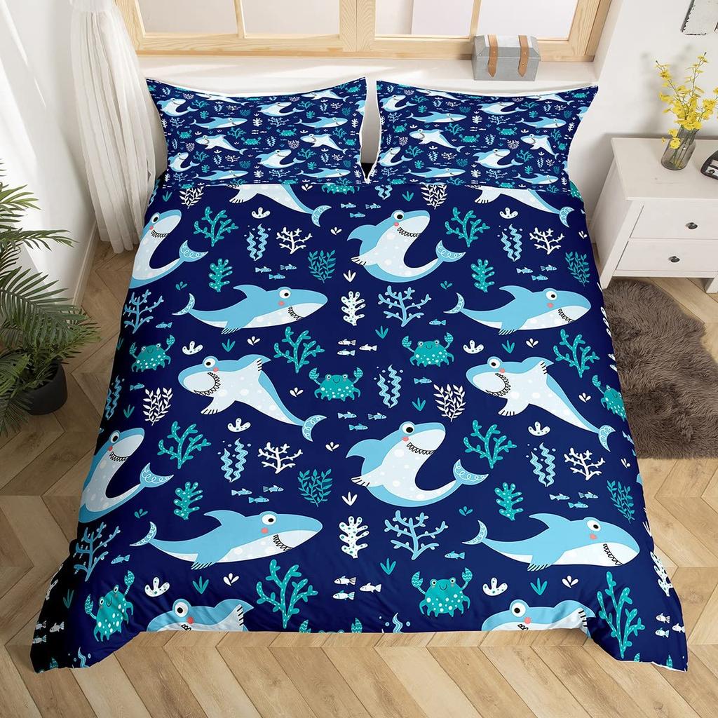 Teens Shark Duvet Cover Ocean Life Pattern Bedding Set for Kids Boys Girls Adult Dolphin Whale Comforter Cover Twin Queen Size