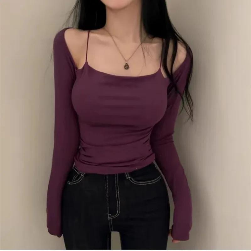 VAYLA Korea New Style Pure Desire Sexy Off-The-Shoulder Two-Piece Illusionslims Women's Long Sleeve T-Shirt Versatile Smoot