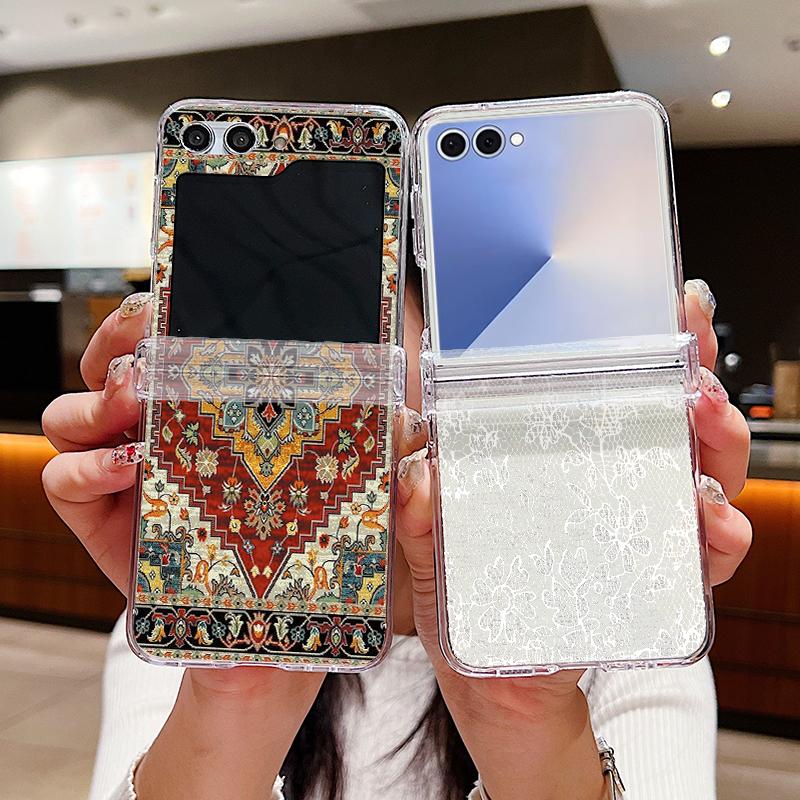 Ретро-цветы Печатный Чехол для Телефона Для Samsung Galaxy Z Flip 7 FE 6 5 4 3 5G Складной Жесткий PC Прозрачная Крышка Для Samsung Z Flip7 Flip6