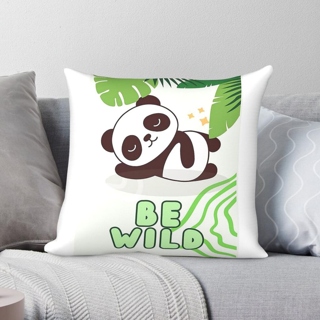Cute Panda Wild Square Pillowcase Polyester Linen Velvet Pattern Zip Decorative Sofa Cushion Cover