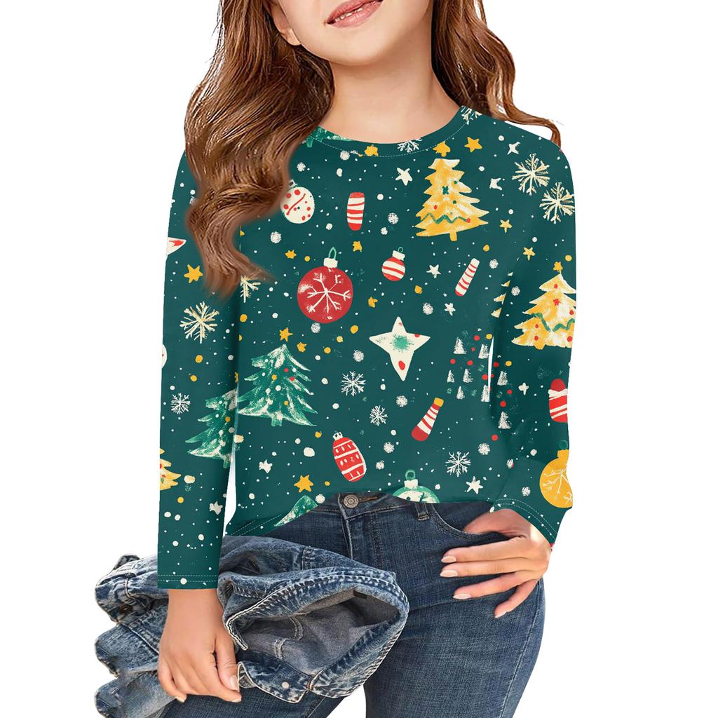 Christmas Day Girls Long Sleeve T Shirts Kids Fall Tops Crewneck Printed Basic Tees
