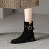 Frosted Leather Short Boots Women'S Thick Heel Square Ankle Boots Single Boots French Retro Belt Buckle Splicing Medium Heel Martin Boots