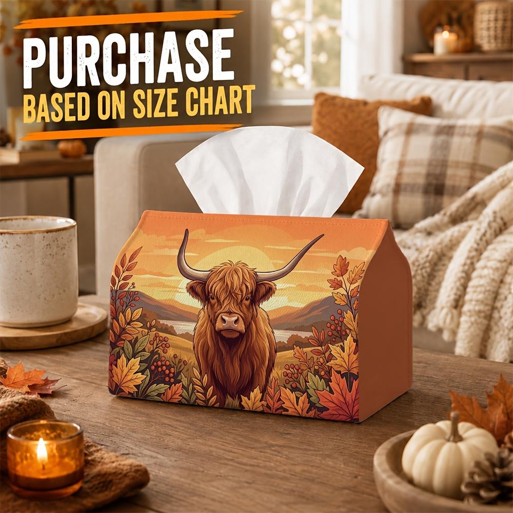 1pc Scottish Highland Tissue Box Cover - Farmhouse Decor with Highland Cattle & Autumn Sunset, Foldable Toilet Paper Holder Cover Suitable for Living