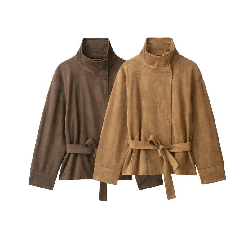 ZA Womens 2026 Fall Fashion Stand Collar Vintage Suede Jacket With Belt