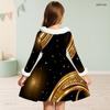 Girls Long Sleeve White Fuzzy Trim Black Gold Green Printed A Line Flared Dress