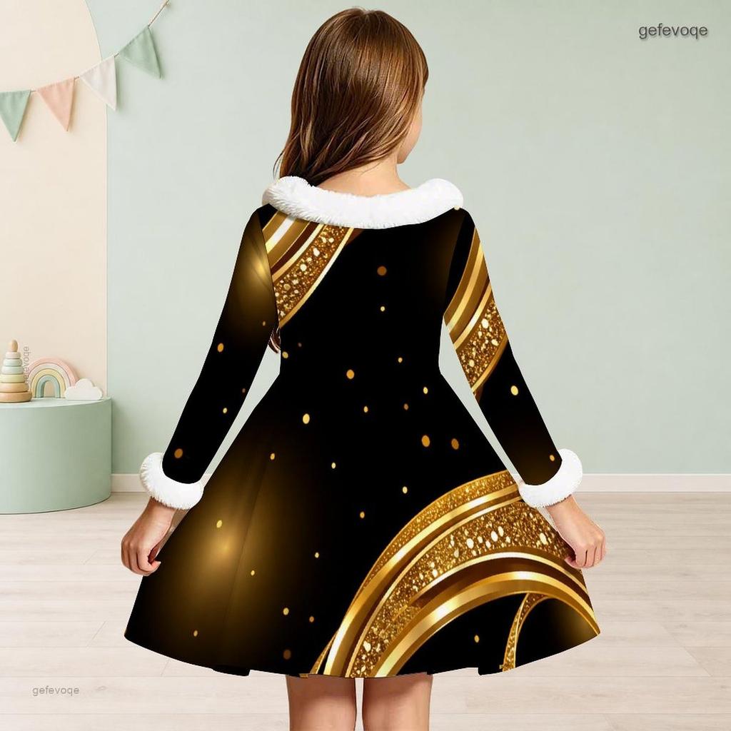 Girls Long Sleeve White Fuzzy Trim Black Gold Green Printed A Line Flared Dress