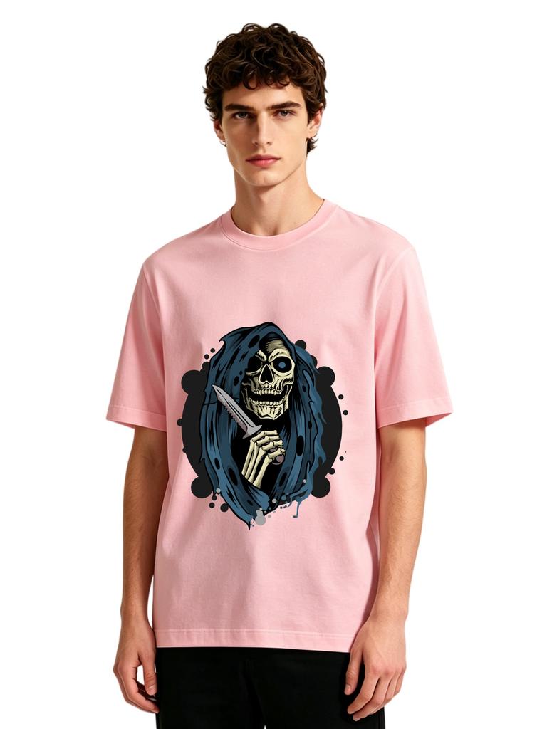 Mens Grim Reaper Skull With Knife Graphic Tshirt Retro Streetwear Print Casual Short Sleeve Red Cotton Tee