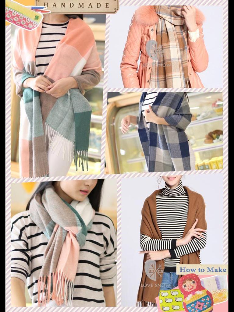 Клетчатый зимний шарф для женщин - шаль с кисточками в корейском стиле из искусственного кашемира