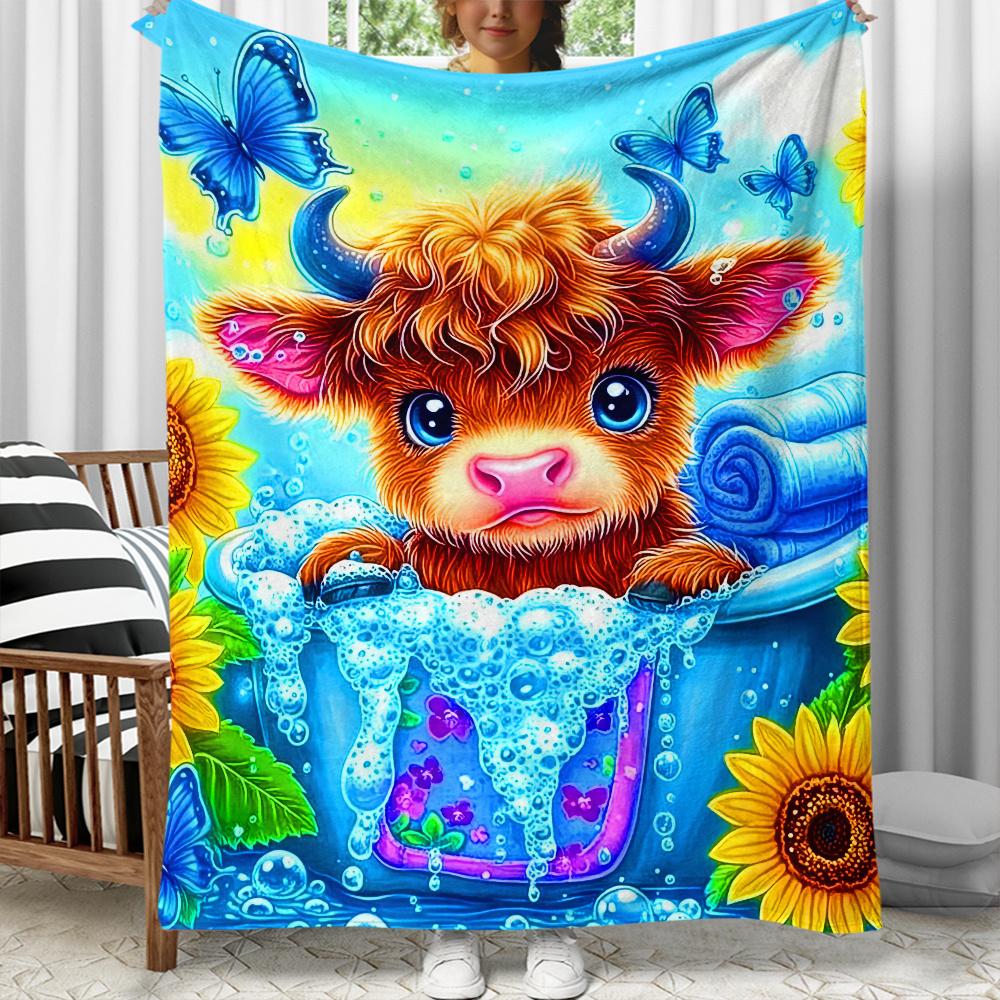 Cute Bull Taking Bath With Butterflies Sunflowers Fleece Blanket Soft Flannel Throw Cozy Bedding Gift For Kids And Adults Animal