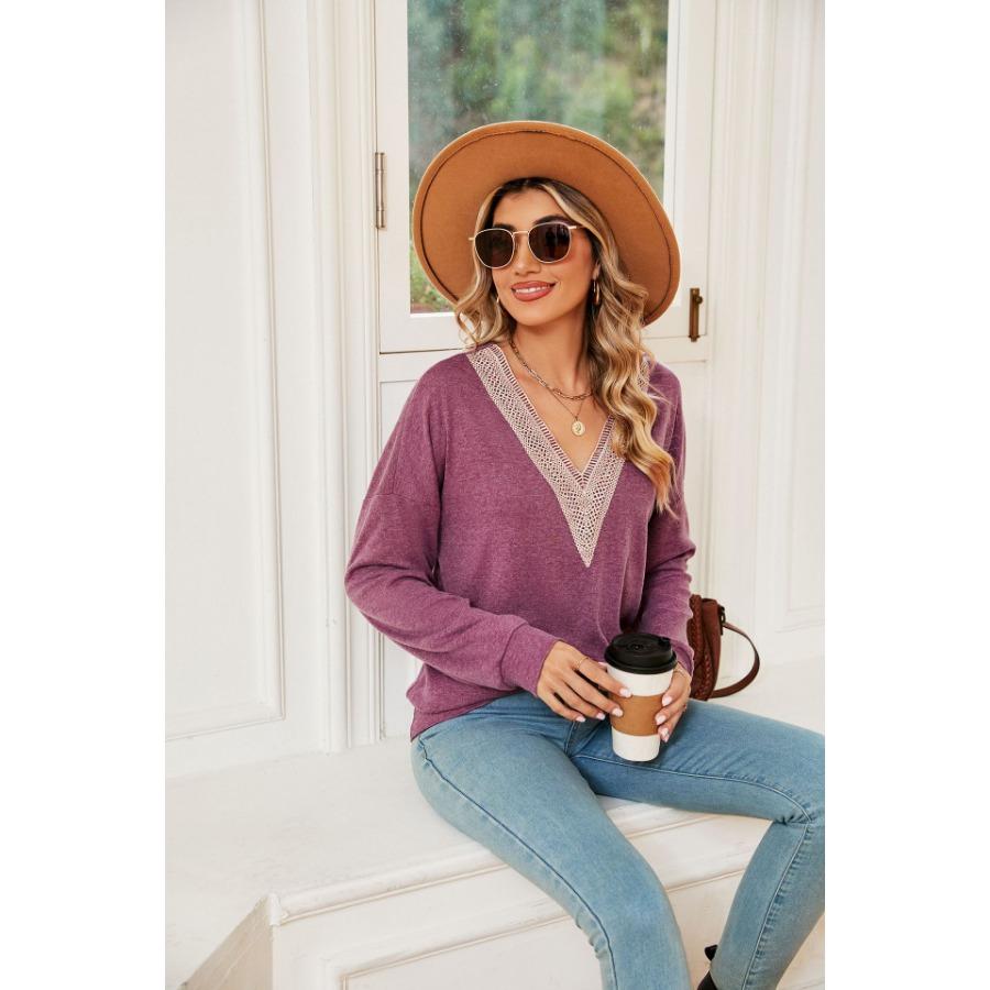 Осенне-зимний топ, женская однотонная кружевная футболка с v-образным вырезом, контрастная свободная футболка с длинным рукавом