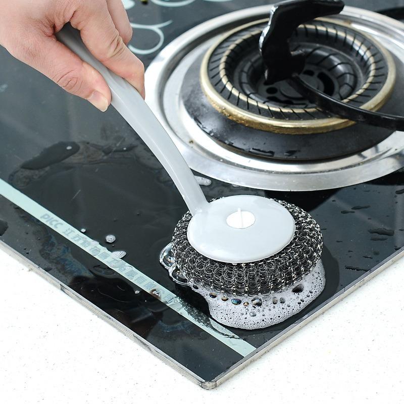 Kitchen Hanging Pan Brush Long Handle Oil Cleaning Brush with Steel Ball Scrub Dish Brush