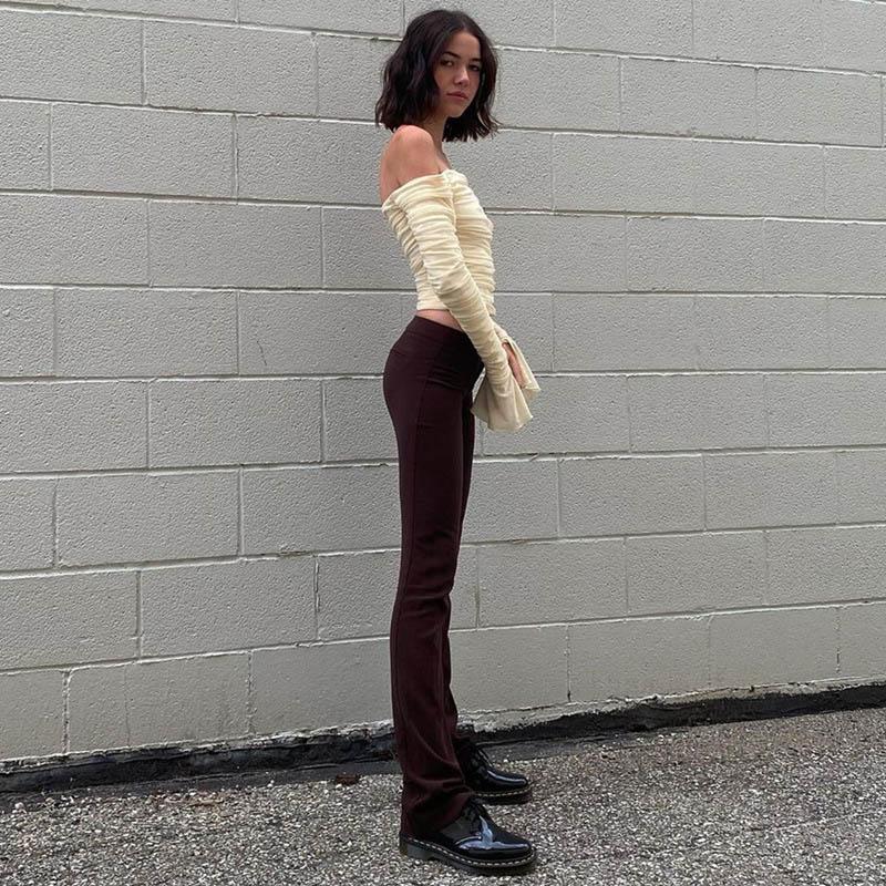 Сетчатая лоскутная женская укороченная футболка с длинным рукавом, со сборками, с открытыми плечами, сексуальная элегантная уличная одежда 2024 года, весна-лето