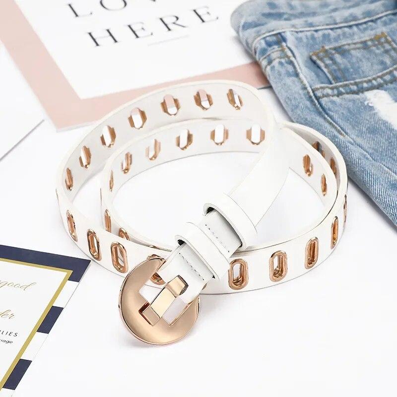 Модные ремни золотого цвета с пряжкой, большие заклепки, ремень с отверстиями, модный джинсовый ремень, аксессуары для женской одежды
