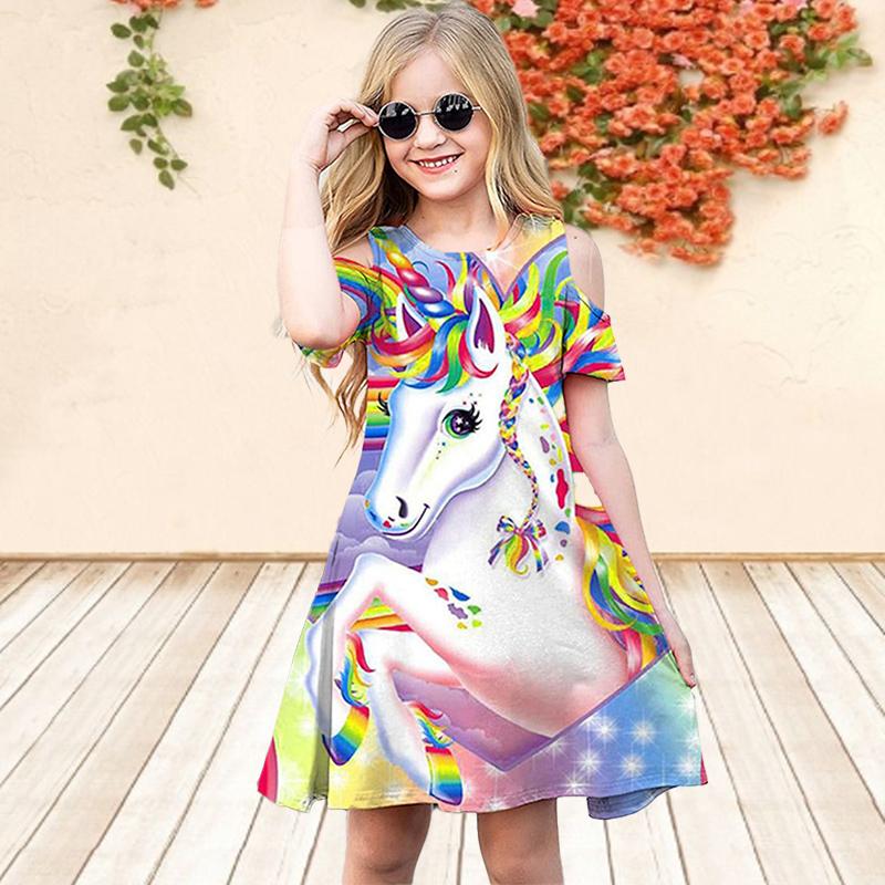Girls Floral Pink Horse Print Dresses Kids Girl Party Off Shoulder Dress Princess Dress Short Sleeved Dress Over Four Years Old